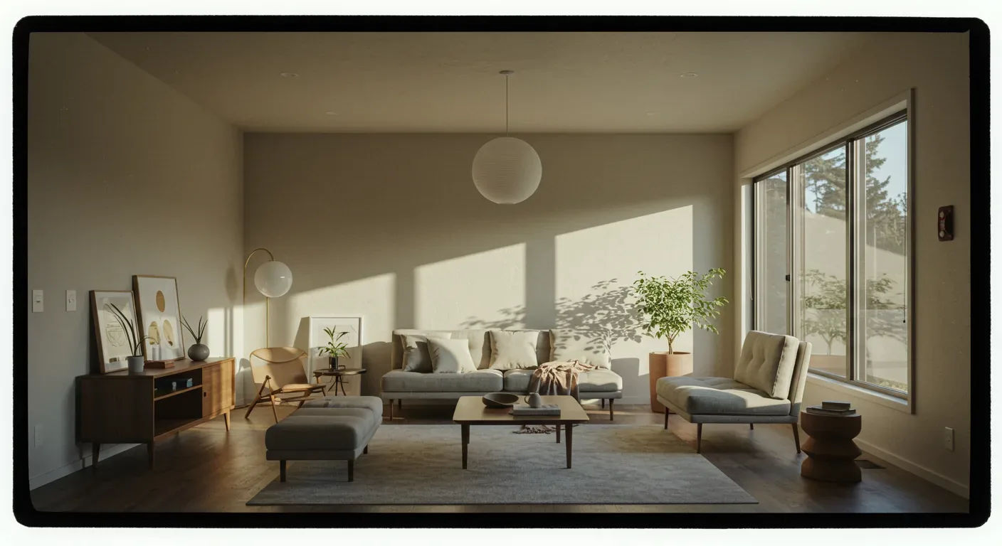 A minimalist living room with neutral tones, featuring a sofa, armchair, ottoman, coffee table, sideboard with framed art, and large windows letting in