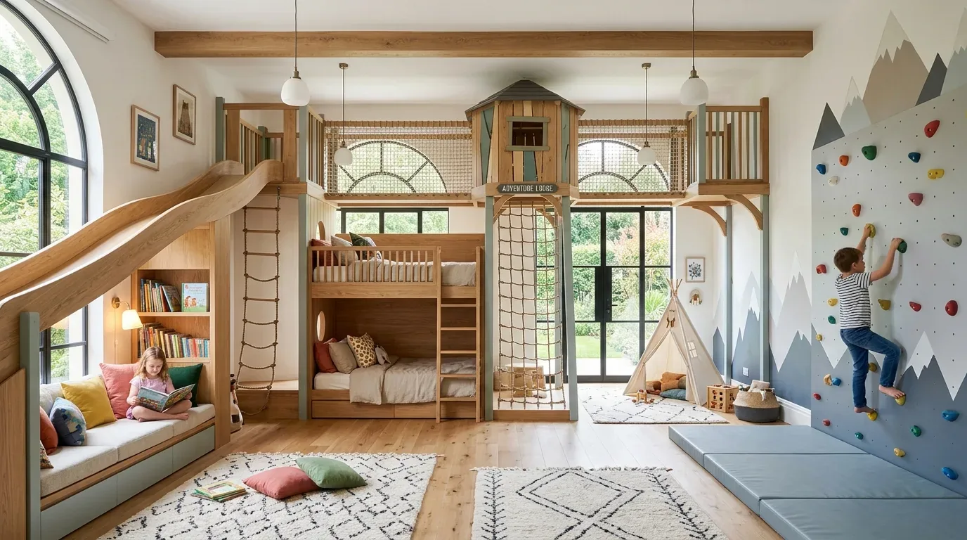 A children's playroom featuring a wooden bunk bed with slide, climbing wall, rope ladder, and a small teepee tent