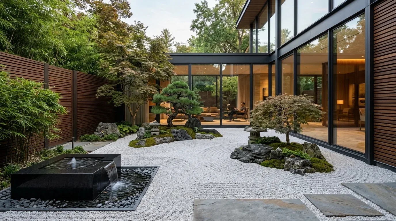 A modern outdoor Japanese-style garden courtyard with raked white gravel, rocks, bonsai trees, a water feature, and large glass windows showing an interior