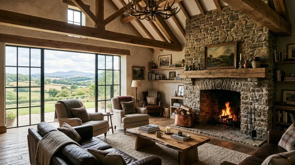 Vaulted great room with reclaimed oak trusses, steel-framed glass doors, and a full-height stone fireplace overlooking open countryside