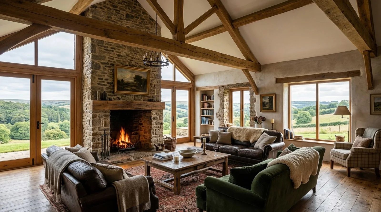 Timber-framed great room with oak window frames, stone fireplace, leather sofas and a green velvet settee on a vintage