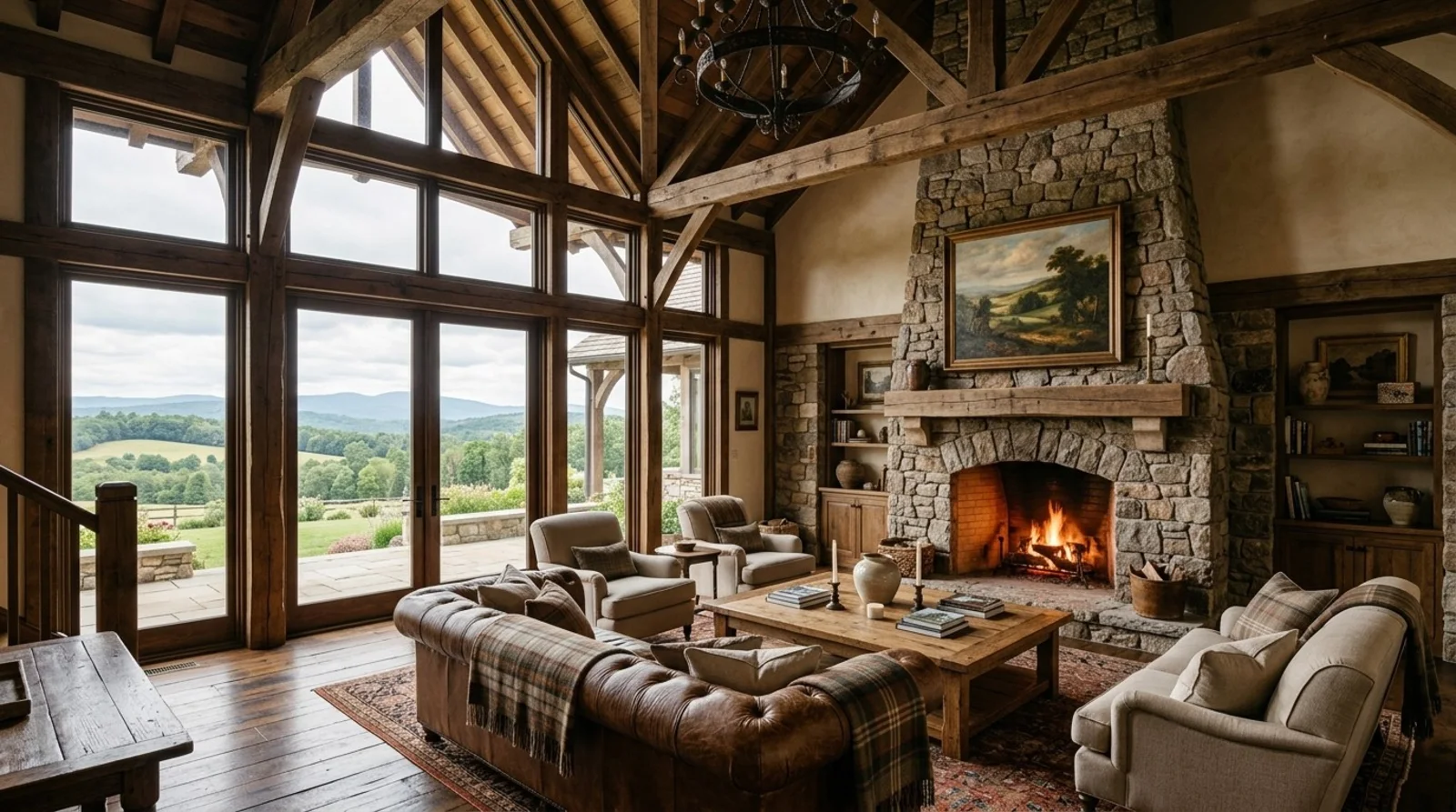 Double-height timber-frame living room with tufted leather chesterfield, plaid throws, and a stone fireplace facing