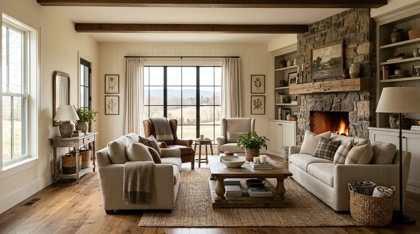 A cozy living room with two beige sofas, two armchairs, a wooden coffee table, a stone fireplace, and large windows showing a scenic outdoor view