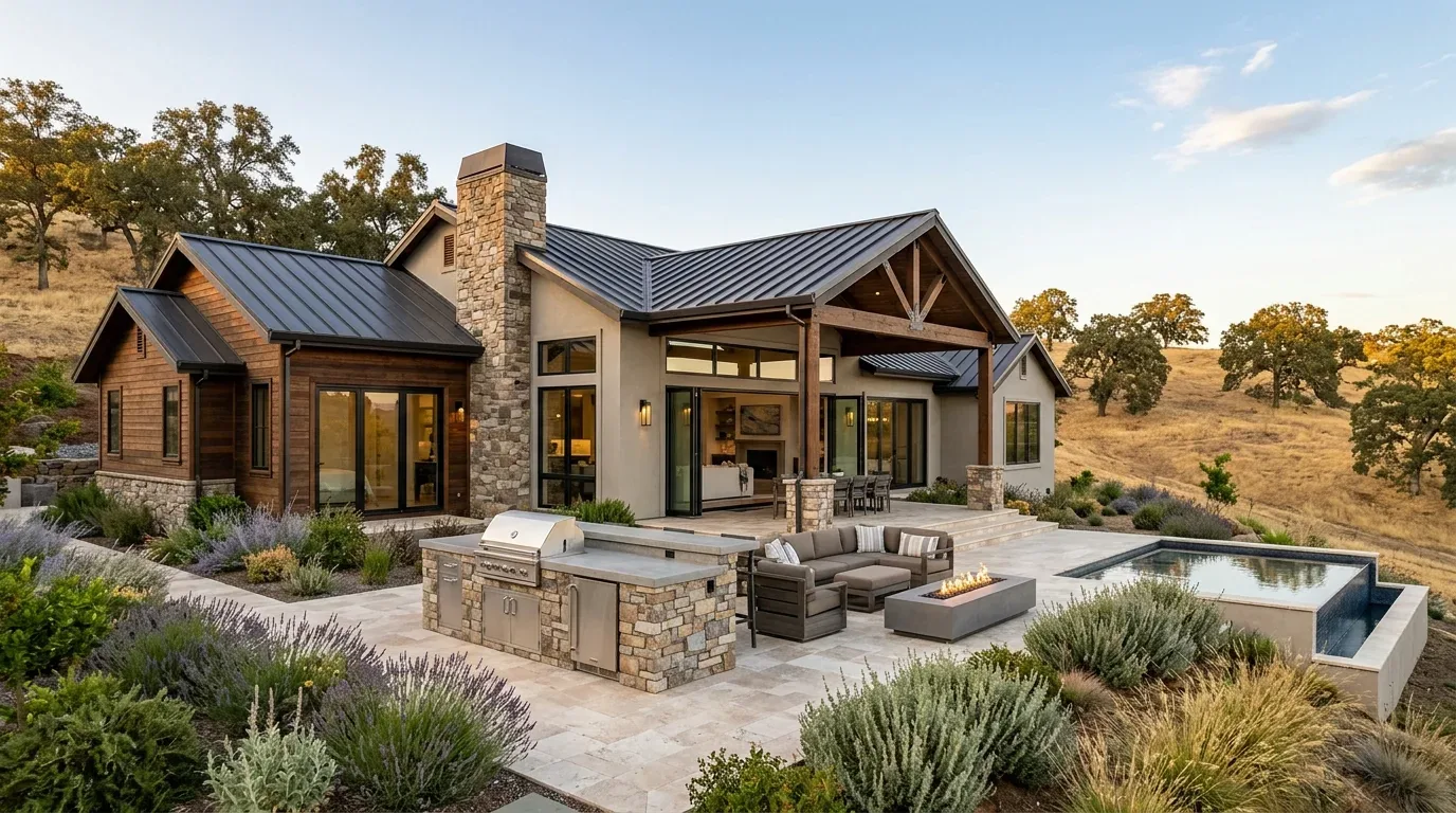 Outdoor patio area with built-in grill, seating around a fire pit, and a small pool next to a modern farmhouse style house