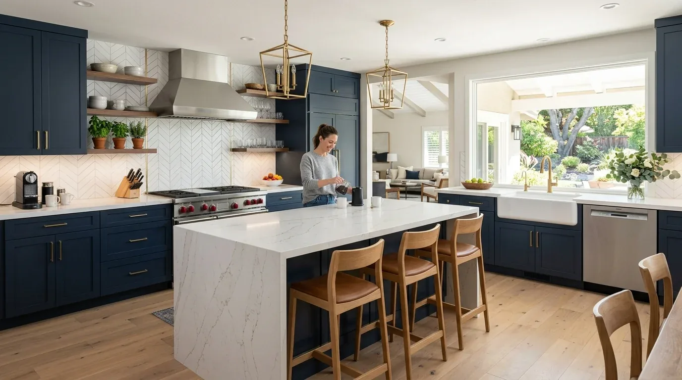 A modern kitchen with navy blue cabinets, a large white marble island, wooden bar stools, and gold pendant lights, featuring a large window overlooking a