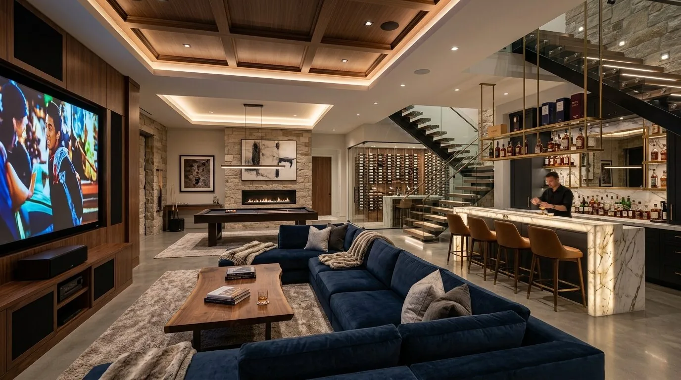 A modern living room with a large sectional sofa, a wooden coffee table, a pool table, a built-in bar with illuminated marble countertop, and a
