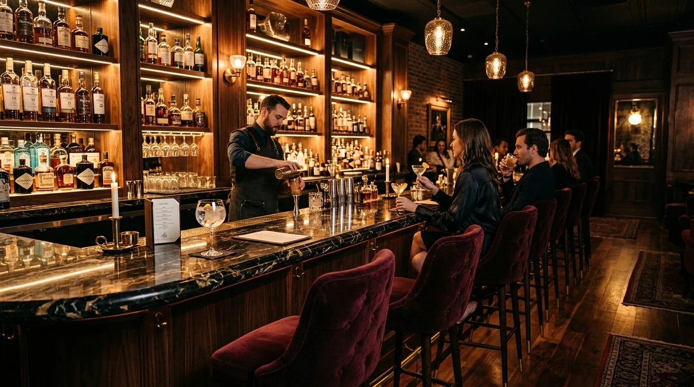 A dimly lit bar interior with a bartender serving drinks to patrons seated on plush velvet bar stools