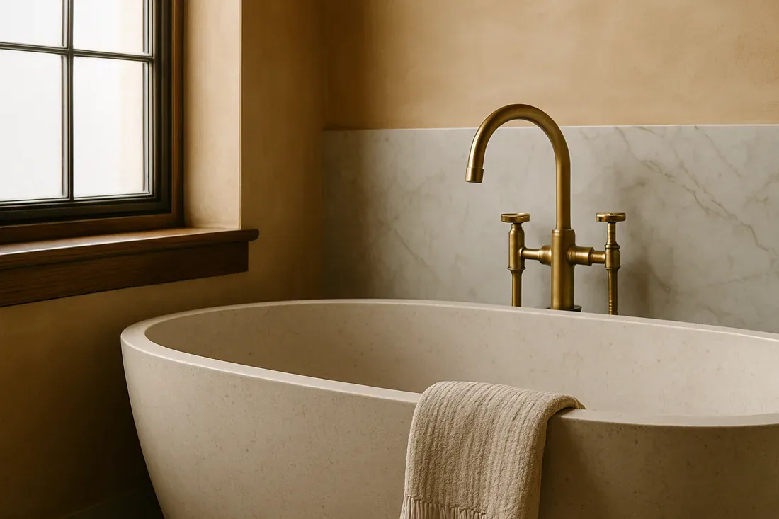 A minimalist bathroom featuring a freestanding beige bathtub with a towel draped over the edge, a brass faucet, and a window with wooden trim