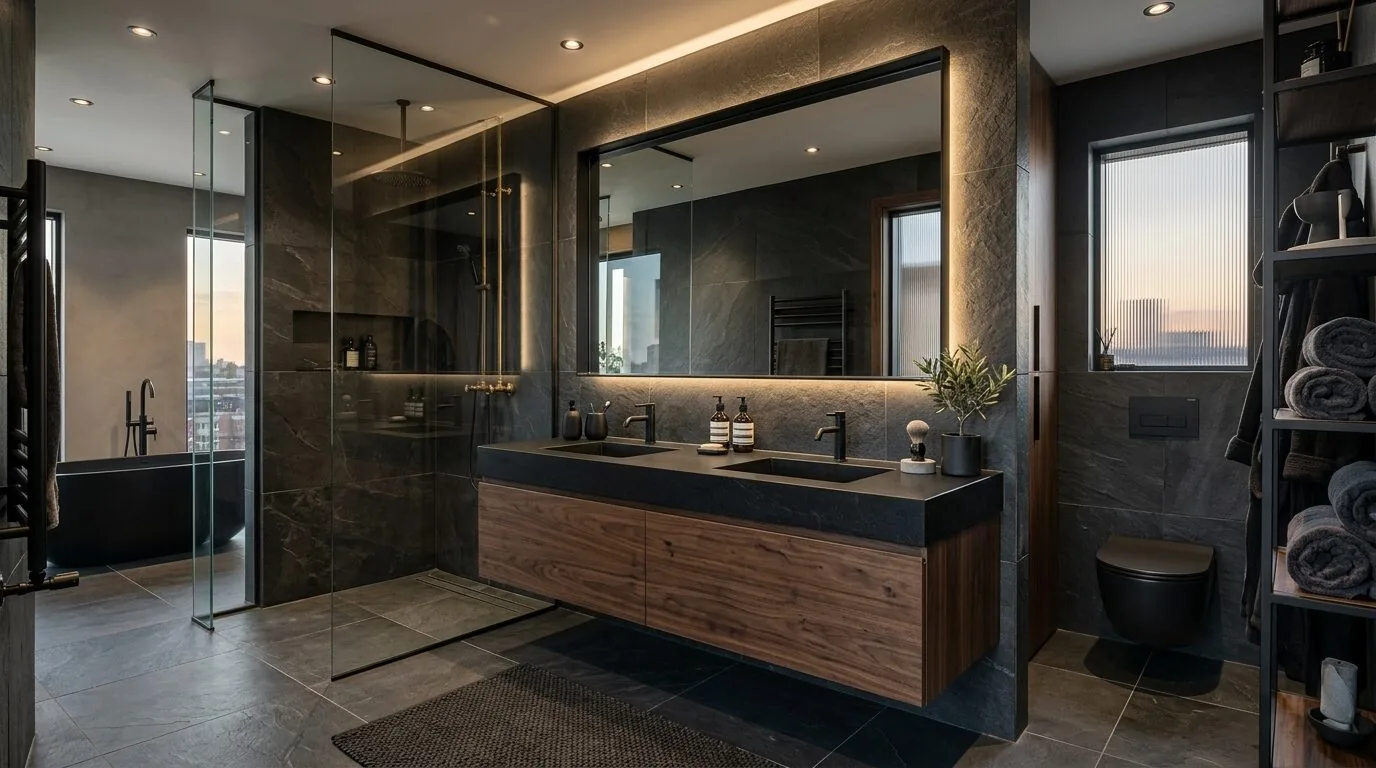 A modern bathroom with dark stone walls, a double sink vanity with wood cabinetry, a glass-enclosed shower, and a black freestanding bathtub near a window