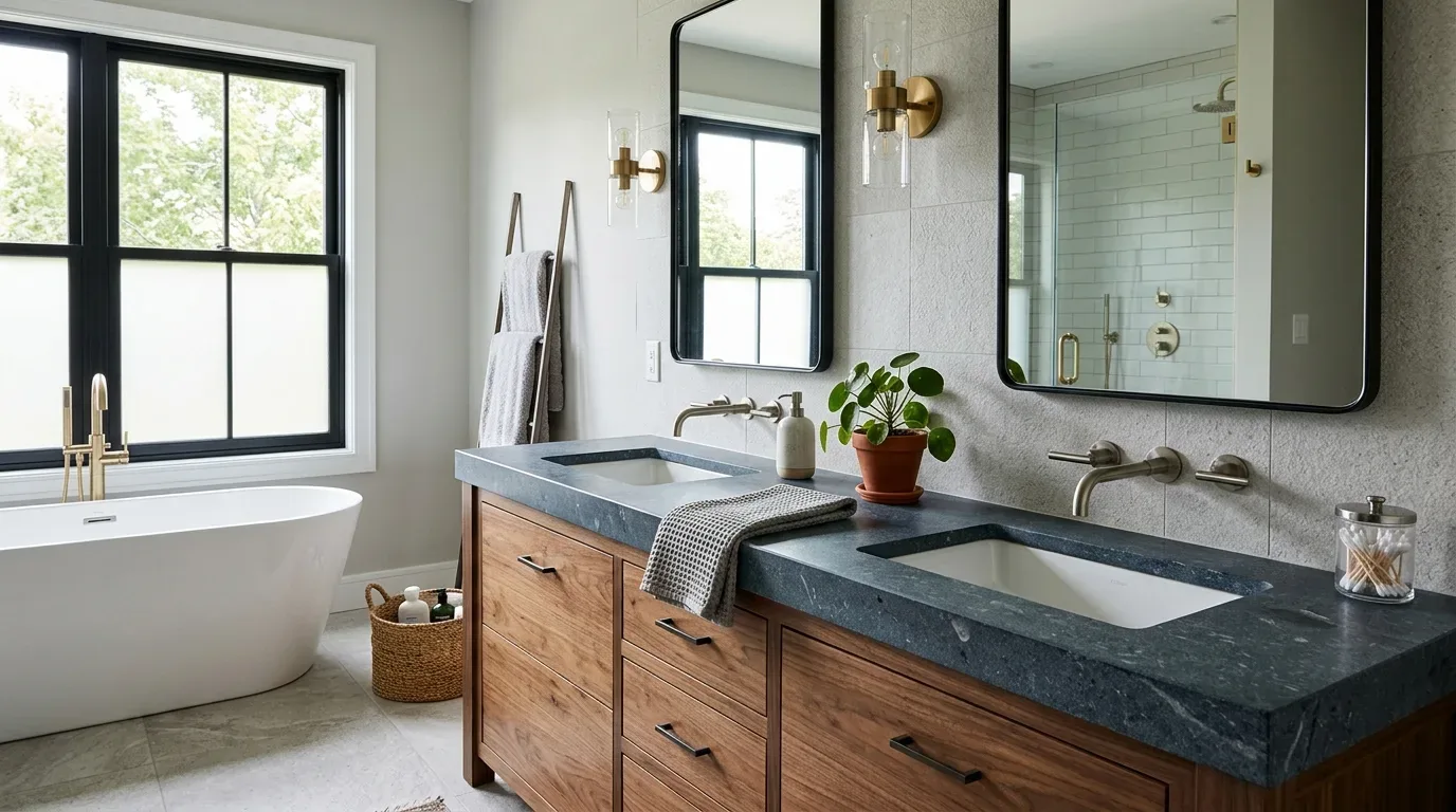 A modern bathroom with a double sink vanity featuring dark stone countertops, wooden cabinets, two mirrors, a freestanding bathtub, and a towel ladder