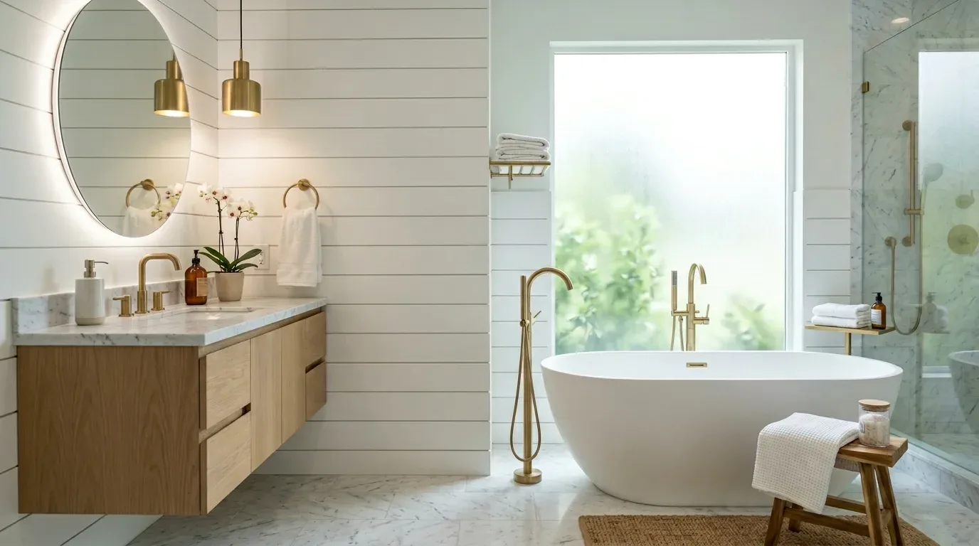 A modern bathroom featuring a freestanding bathtub, wooden vanity with marble countertop, round mirror, and gold fixtures