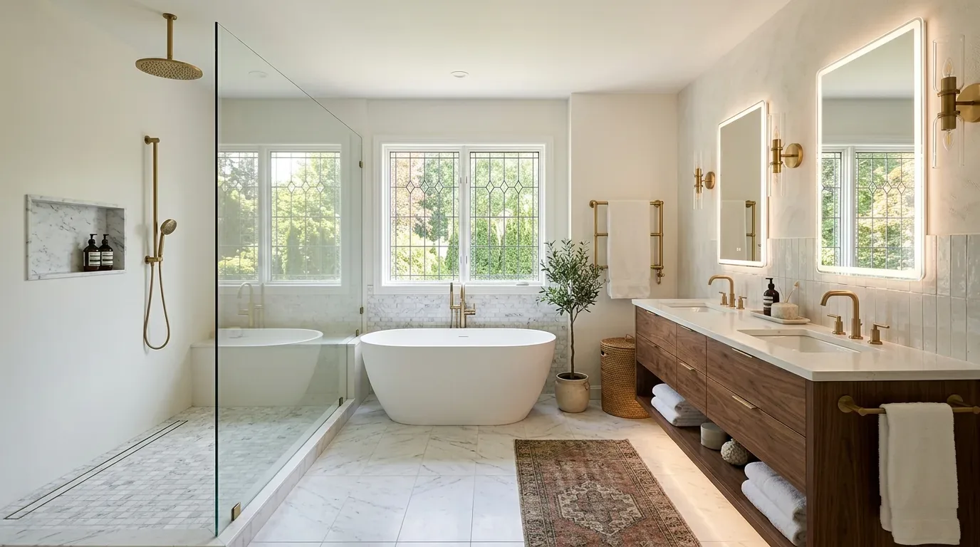 A modern bathroom with a freestanding bathtub, glass-enclosed shower, double vanity with illuminated mirrors, and marble flooring