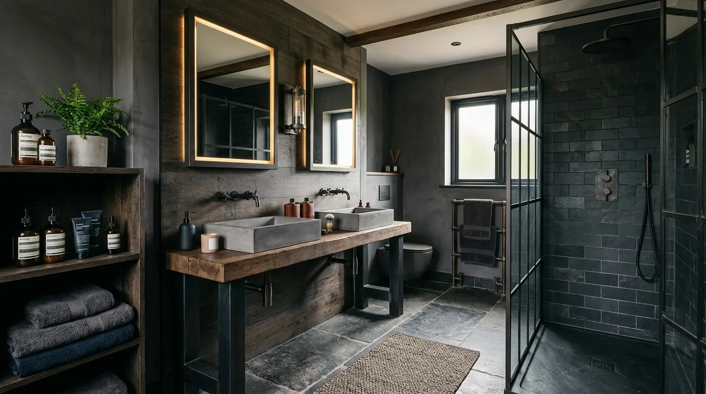 A modern bathroom with dark tones featuring a double sink vanity with illuminated mirrors, a glass-enclosed shower, and wooden shelving with toiletries and towels