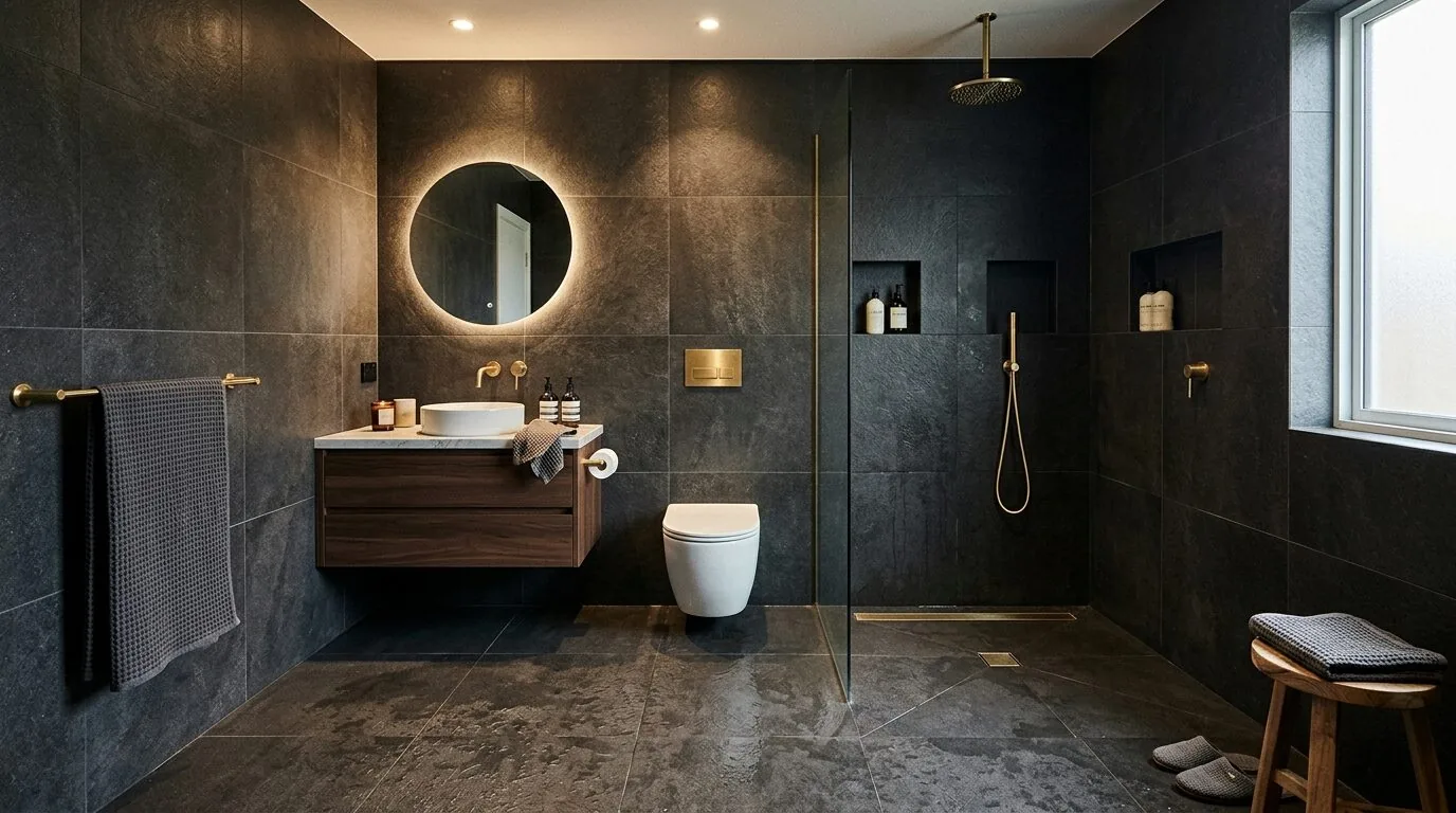 A modern bathroom with dark tiles, a floating wooden vanity, round backlit mirror, wall-mounted toilet, and a walk-in shower with brass fixtures