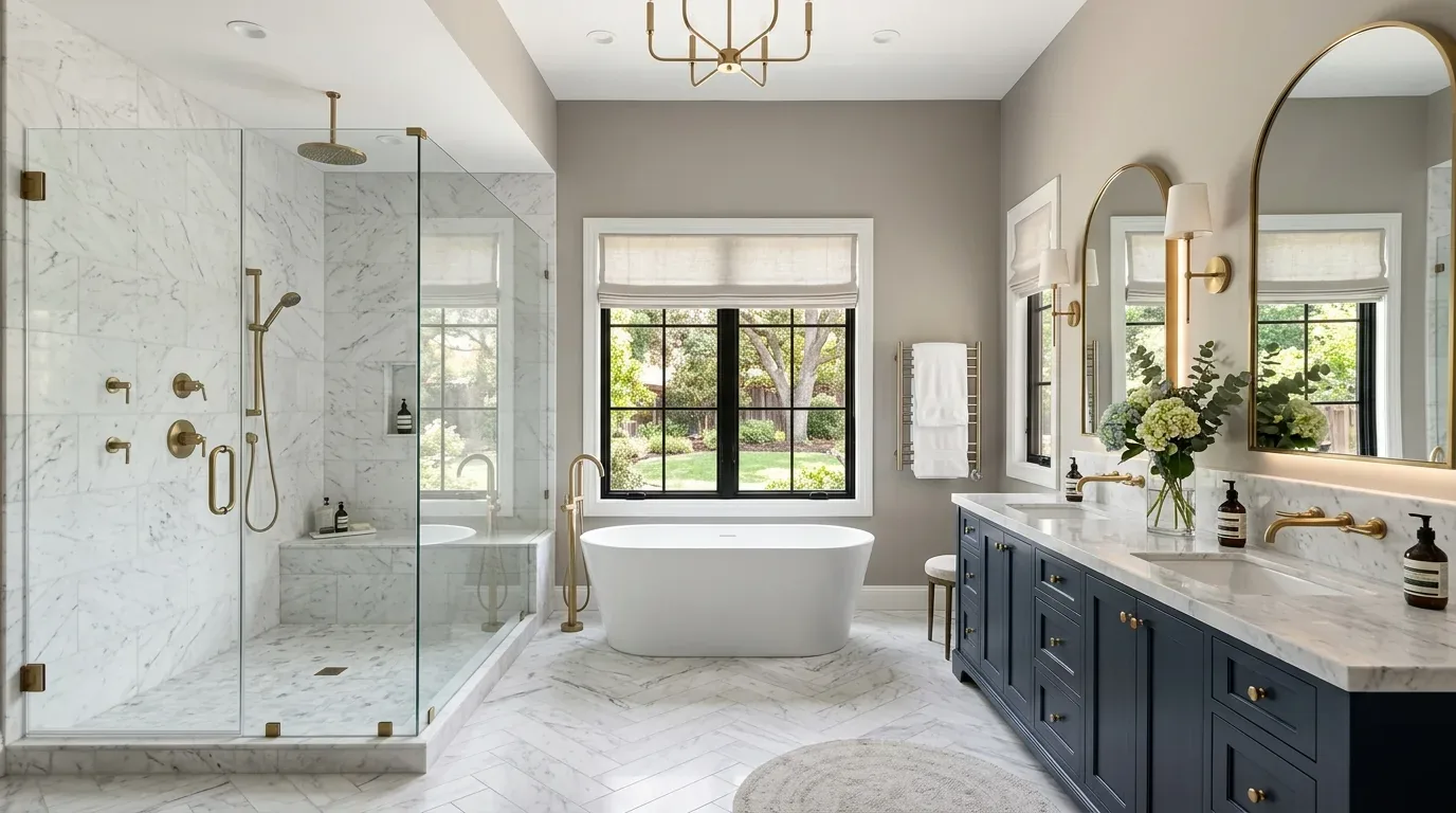 A modern bathroom featuring a freestanding bathtub, glass-enclosed marble shower, double vanity with blue cabinets, and large windows