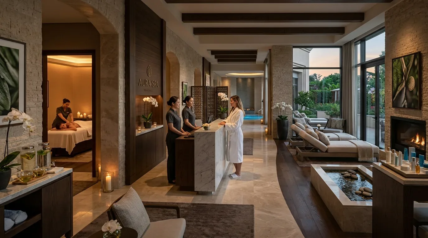 A luxurious spa reception area with a marble front desk, staff attending a guest in a robe, massage room visible, and a relaxing lounge area with large