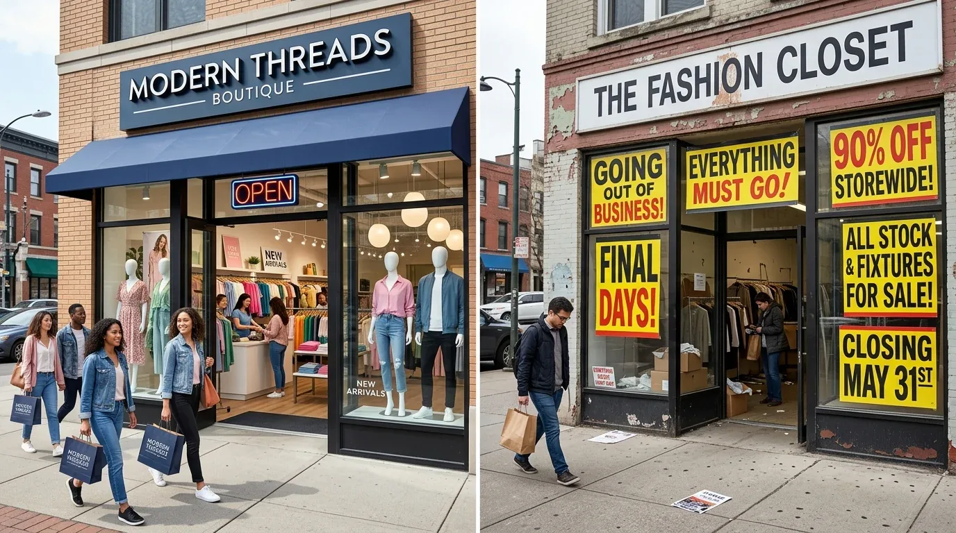 Two adjacent retail storefronts, one a modern clothing boutique with customers walking by, the other a closing fashion store with large sale signs