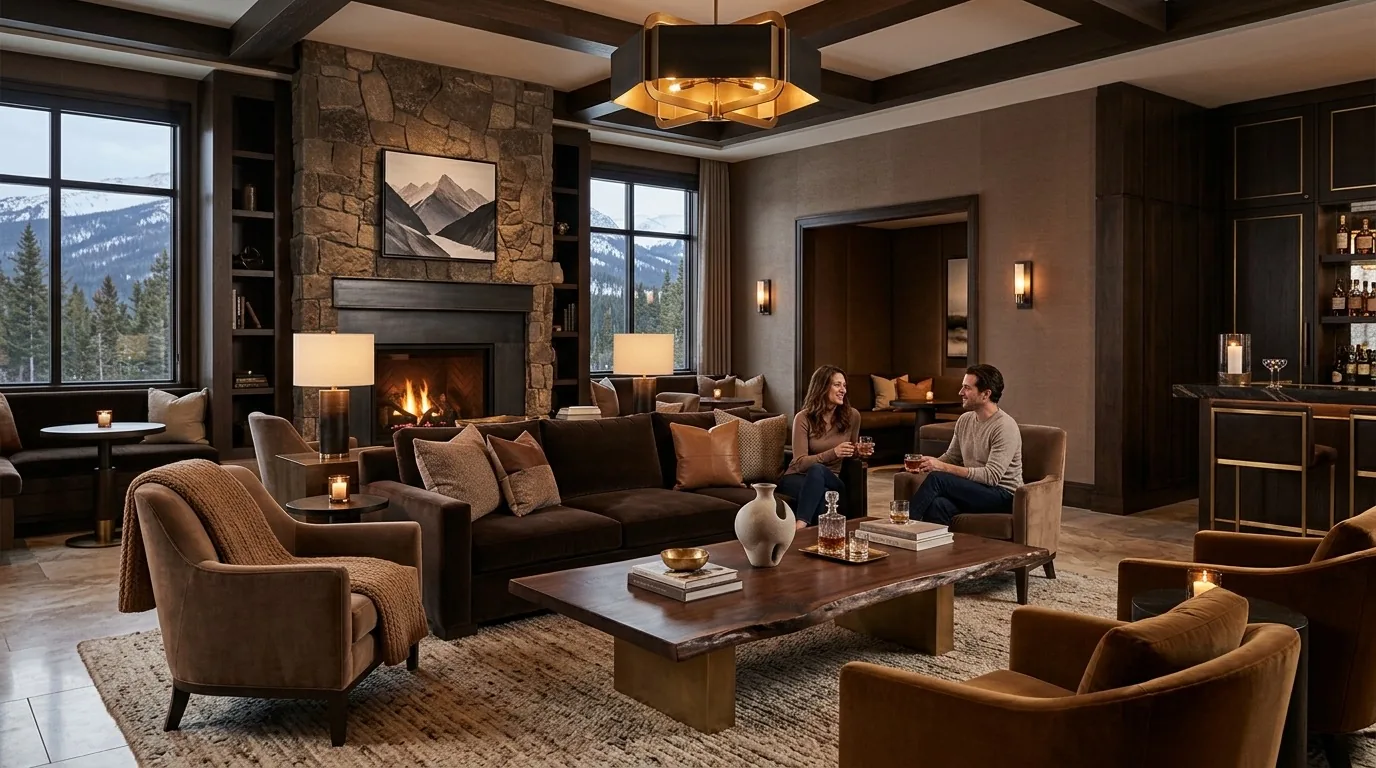 A cozy living room with a stone fireplace, large windows showing snowy mountains, and warm brown furniture where two people are seated and enjoying drinks