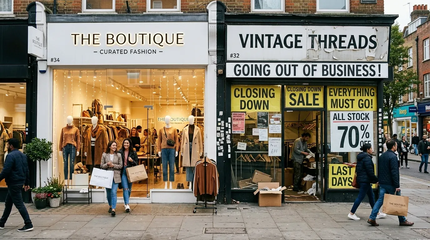 Two adjacent retail storefronts on a city street, one a modern boutique with mannequins and shoppers, the other a vintage clothing store going out of business with sale signs