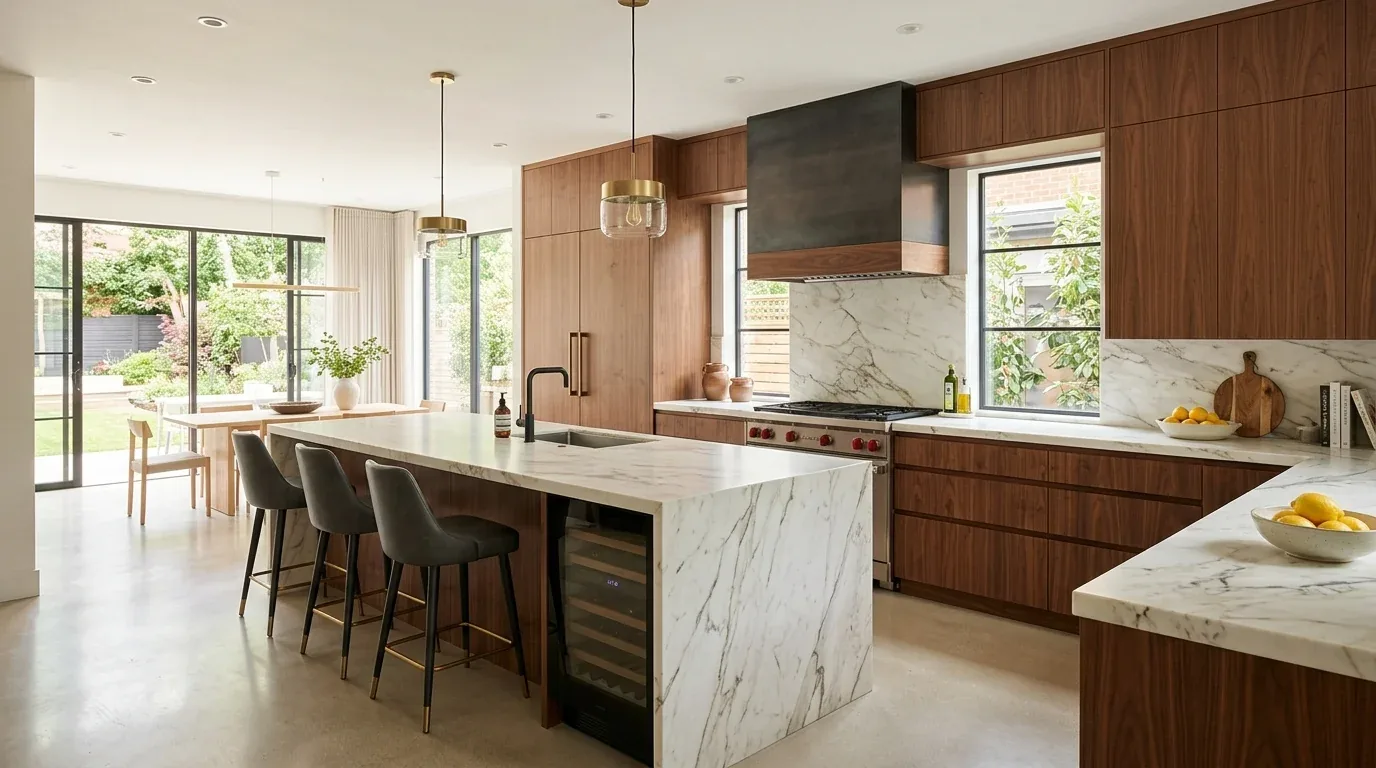 A modern kitchen with marble countertops, wooden cabinetry, a large island with bar stools, and large windows overlooking a garden