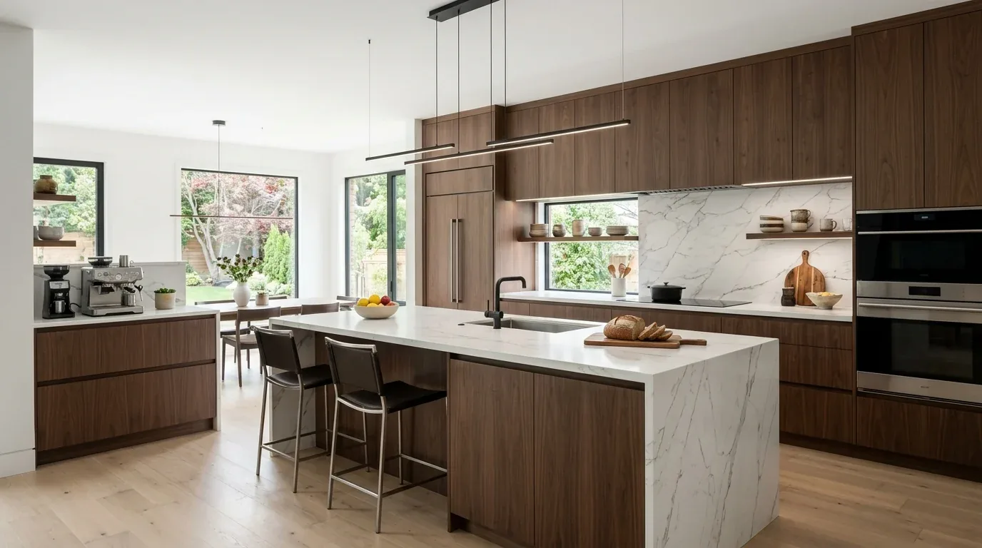 A modern kitchen with wood cabinetry, a large marble island, black fixtures, and large windows overlooking a garden