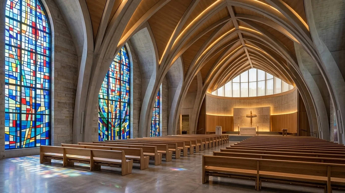 Interior of a modern church with wooden pews, stained glass windows, and vaulted ceiling arches