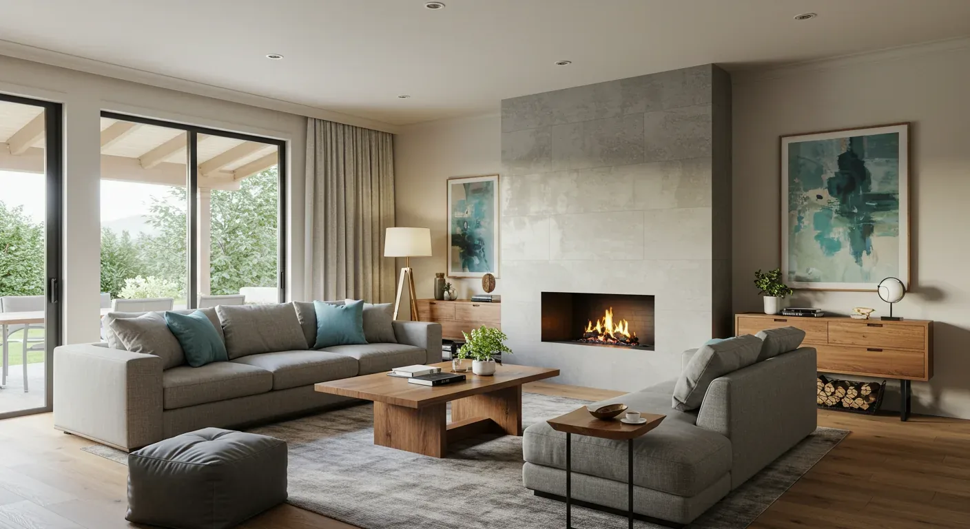 A modern living room with large windows, a fireplace, gray sofas, wooden furniture, and abstract artwork