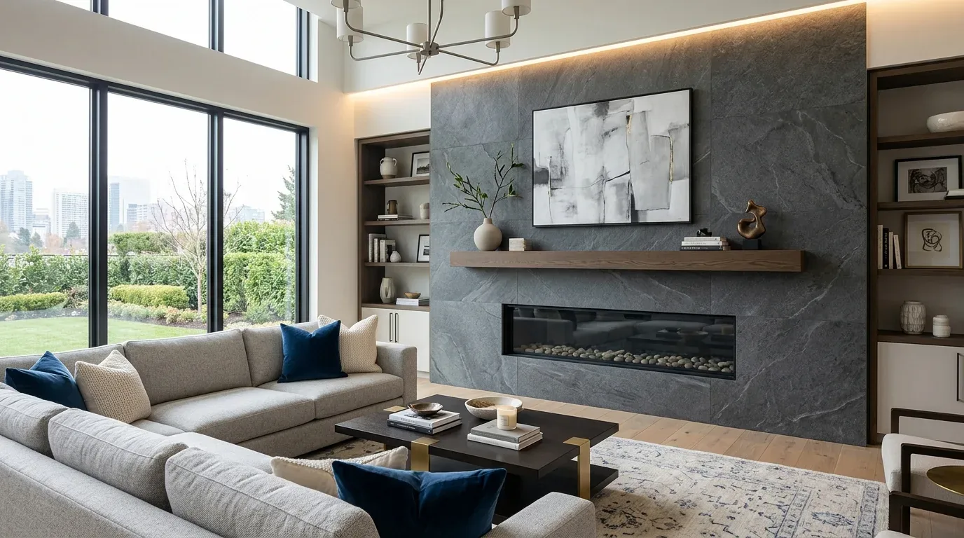 A modern living room with large windows, gray sectional sofas, a dark stone fireplace wall, and built-in shelves