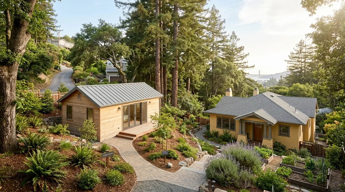 A serene residential backyard scene featuring a small wooden guest cottage and a yellow craftsman-style house surrounded by lush greenery and garden beds