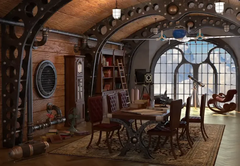 A steampunk-inspired office or study room with metal beams, wooden walls, vintage furniture, and a large arched window with a telescope