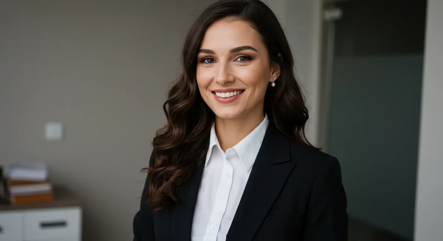 A professional woman with long wavy hair wearing a black blazer and white shirt, smiling in an office setting