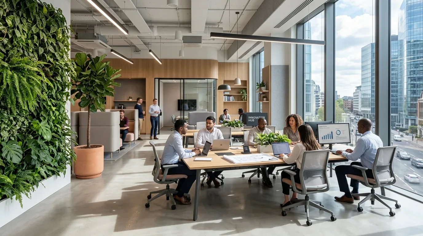 A modern office space with a large wooden table where six people are working on laptops and discussing, featuring large windows with a city view, indoor plants, and a green wall