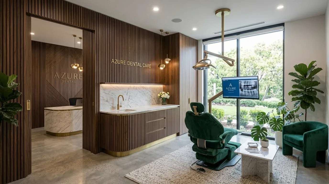 A modern dental care room with wood paneling, marble surfaces, green dental chair, and large window overlooking greenery