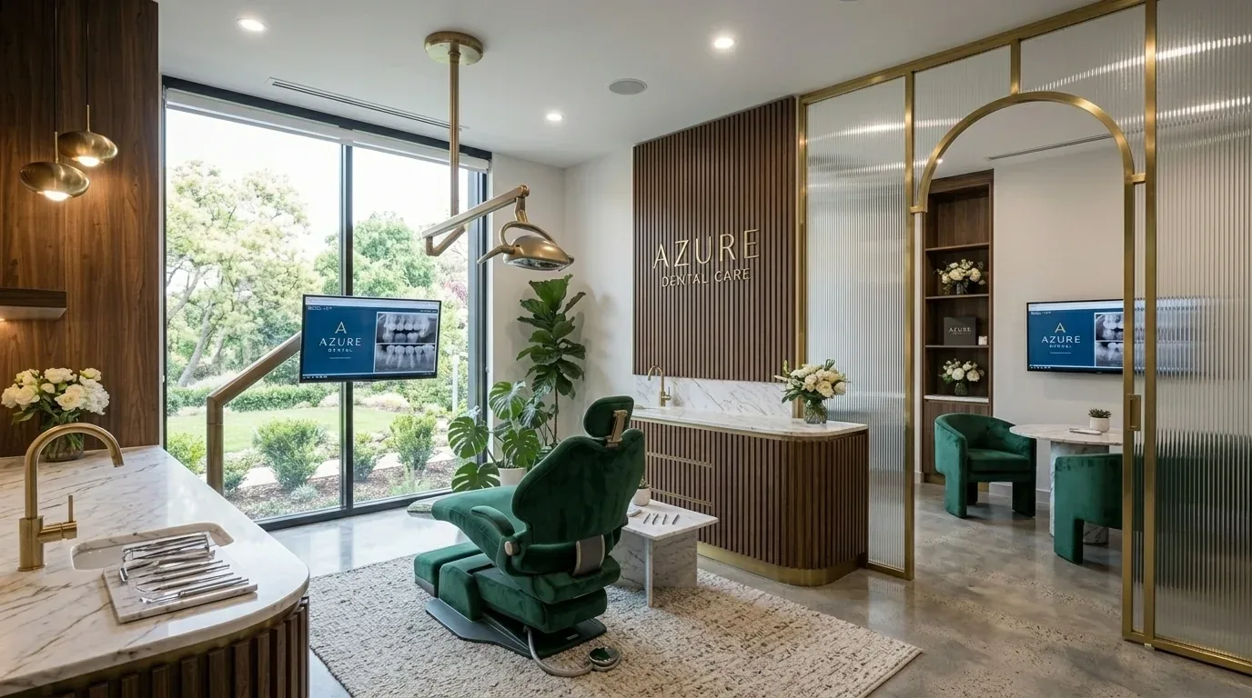 A modern dental care room with a green dental chair, marble countertops, gold fixtures, and large windows overlooking greenery
