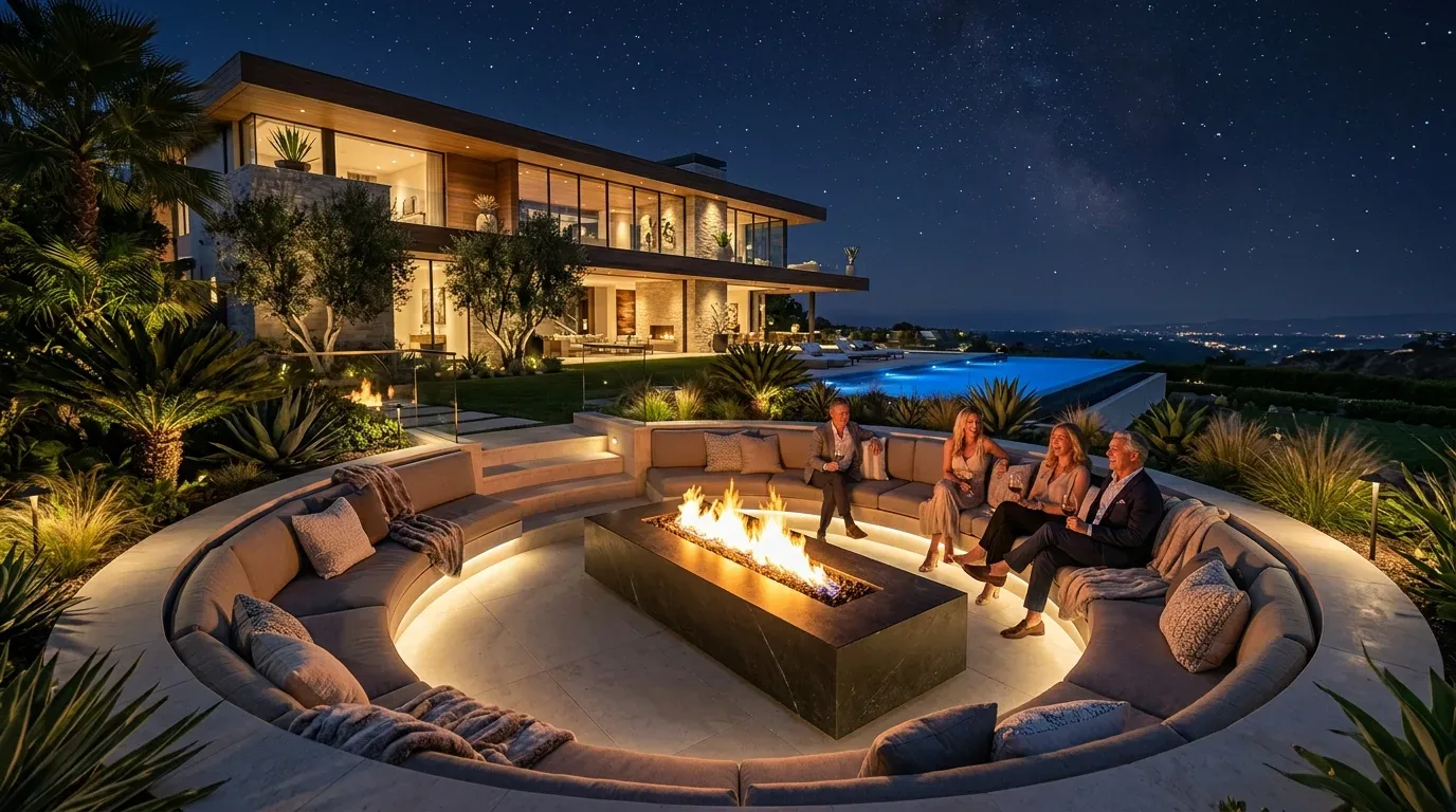 A modern outdoor seating area with a circular fire pit, surrounded by cushioned benches, overlooking a luxurious house and infinity pool at night