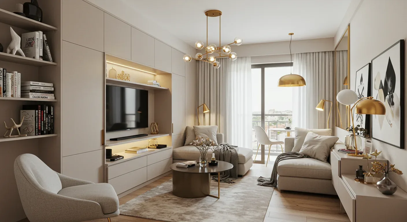 A modern living room with beige furniture, gold accents, a built-in TV unit, and large windows with sheer curtains