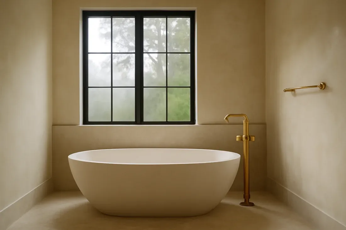 A minimalist bathroom featuring a freestanding oval bathtub with a gold faucet and towel rack, set against a beige wall with a large window