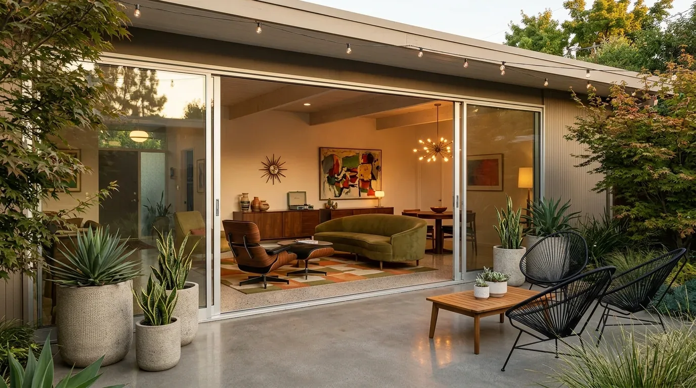 A modern living room with mid-century furniture visible through large sliding glass doors opening to an outdoor patio with black chairs and potted plants