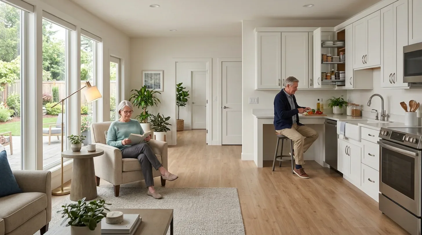 A bright, modern open-concept living room and kitchen with large windows, light wood flooring, white cabinetry, and two elderly people relaxing and preparing food