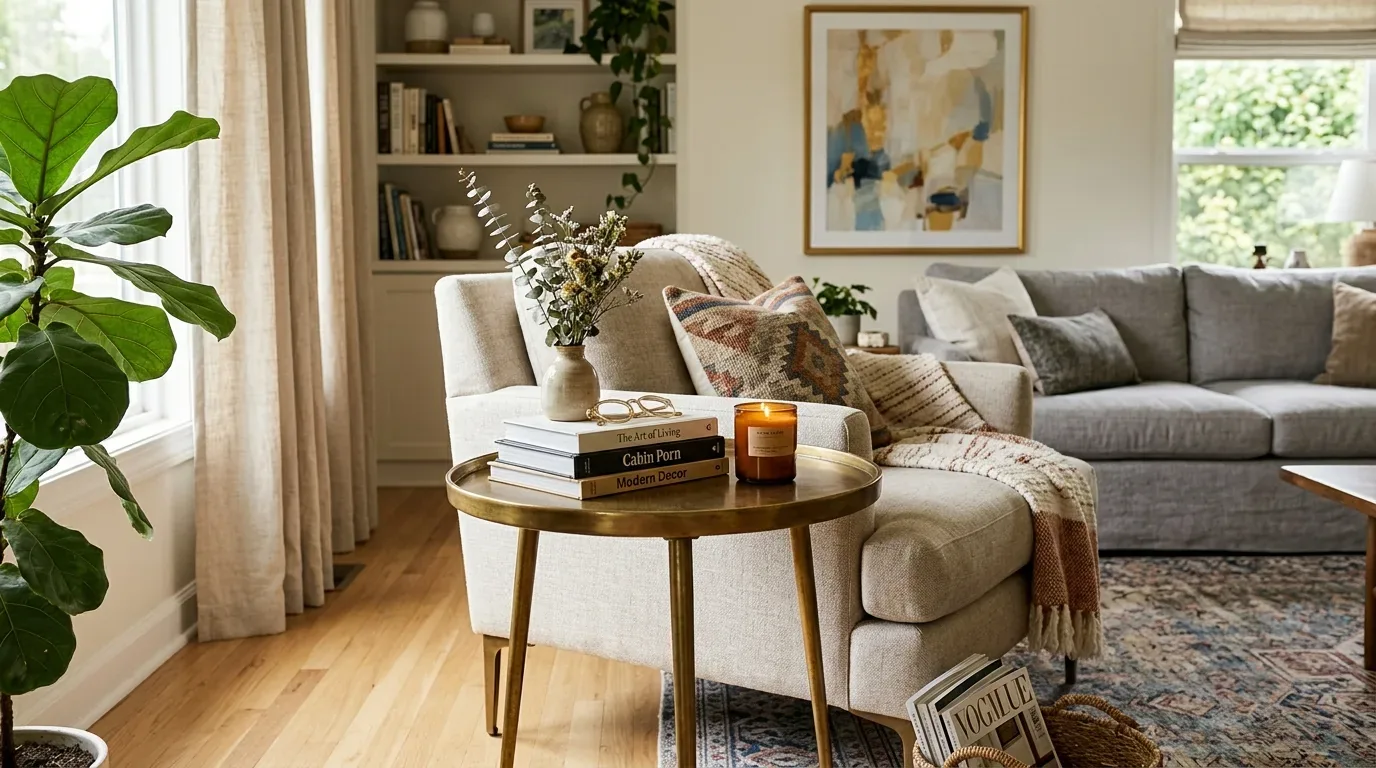 A cozy living room with a beige armchair, a round brass side table with books and a candle, a gray sofa, a patterned rug, and a large leafy plant near a window
