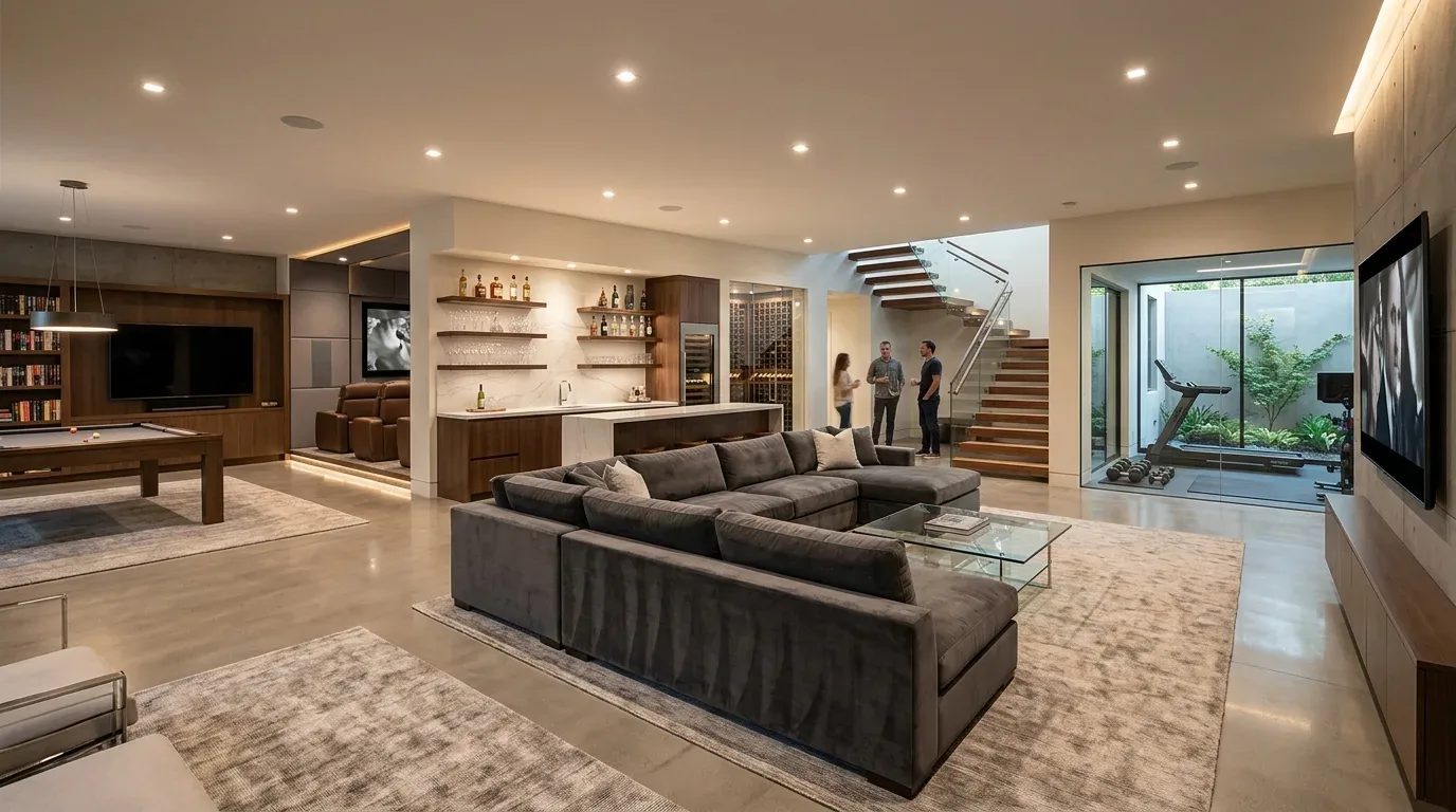 A modern open-concept living room with a large sectional sofa, a built-in bar, a pool table, a home theater area, and a glass-enclosed gym space