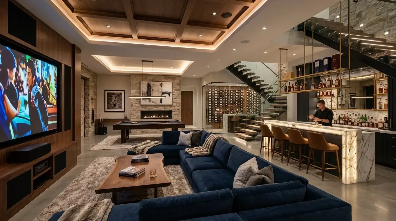 A modern living room with a large sectional sofa, a pool table, a built-in bar with marble countertop, and a glass staircase
