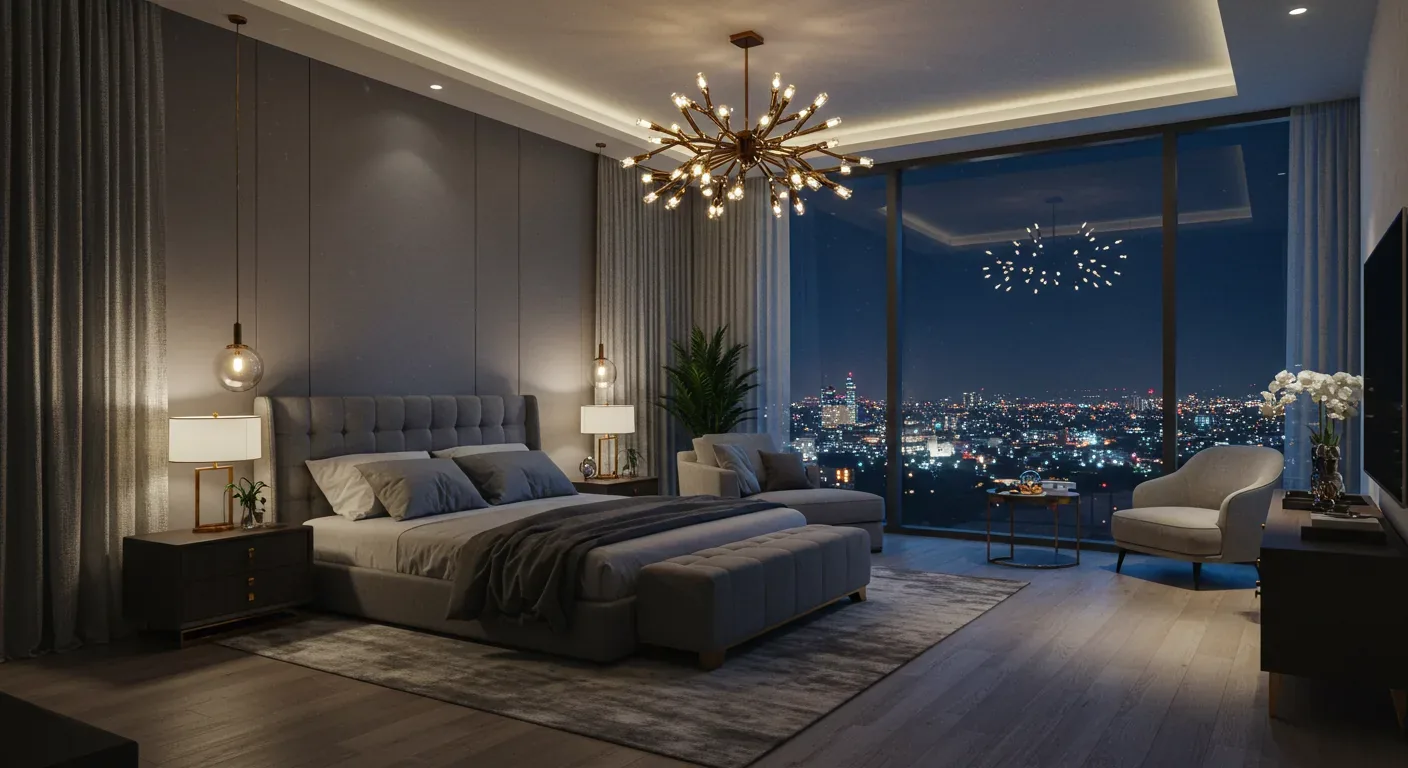 A modern bedroom at night with a large window showing a city skyline, featuring a tufted bed, chandelier, armchairs, and soft lighting