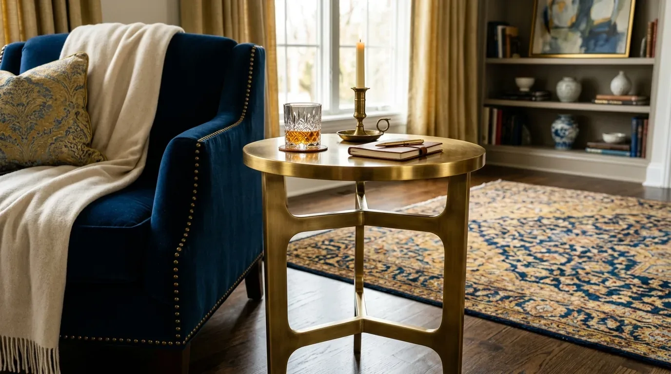 A cozy living room corner featuring a blue velvet armchair with a beige throw, a brass side table with a candle and glass, and a patterned area rug