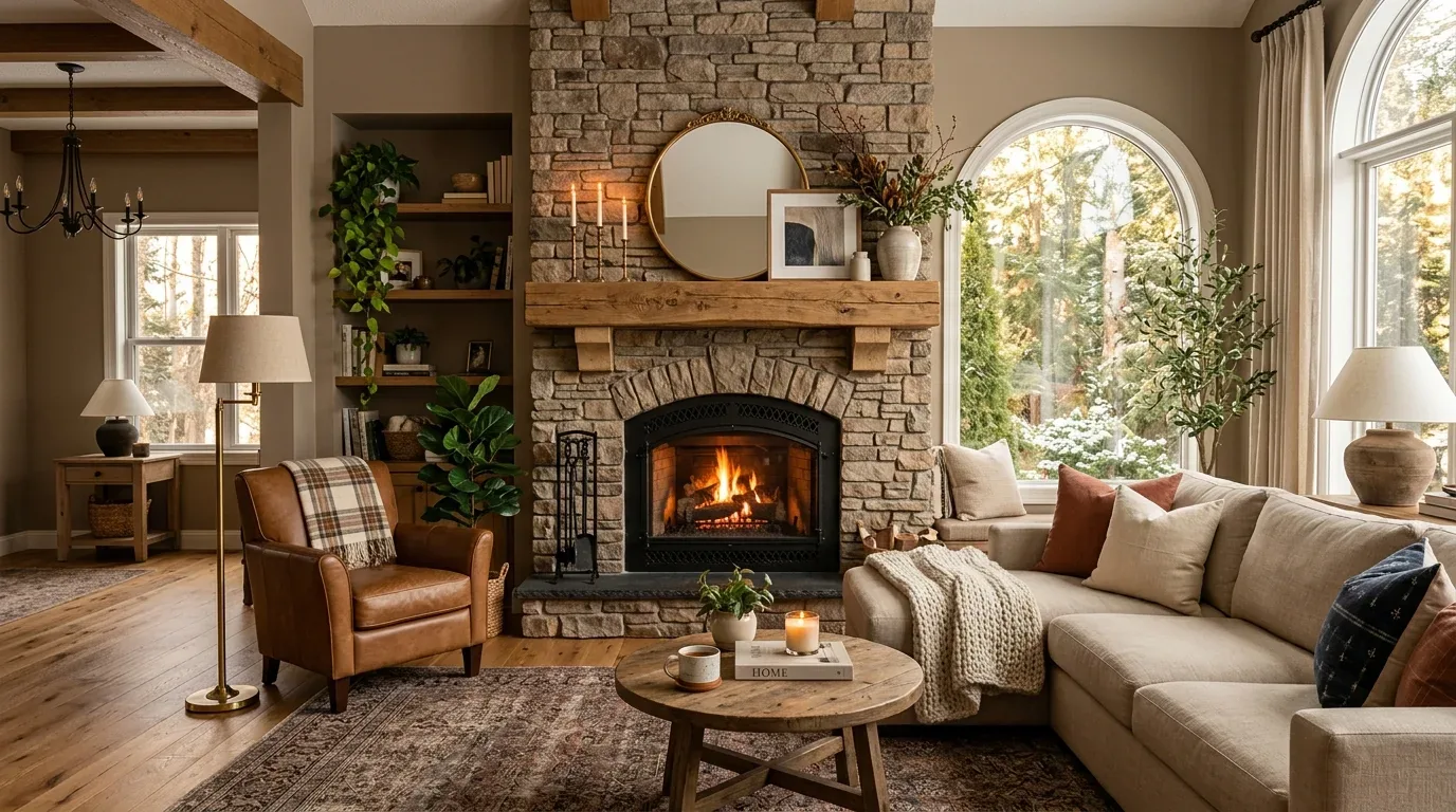 A cozy living room with a stone fireplace, leather armchair, beige sectional sofa, wooden coffee table, and large arched windows showing a snowy outdoor scene