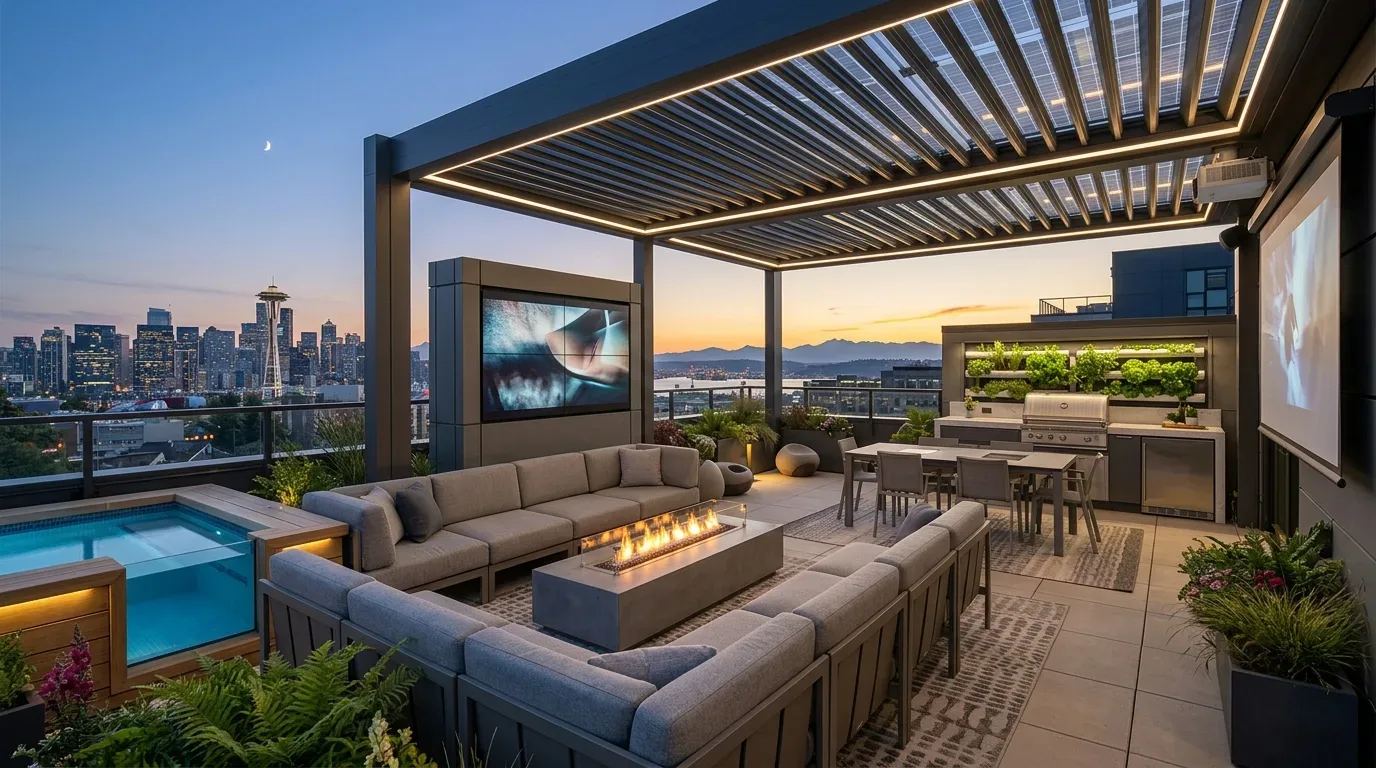 A modern rooftop outdoor living space with a sectional sofa, fire pit, dining area, built-in grill, and city skyline view at dusk