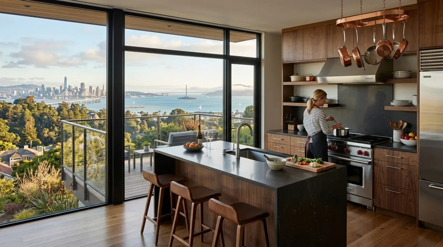 A modern kitchen with wooden cabinetry, a large island, and a panoramic view of a city skyline and bay through floor-to-ceiling windows