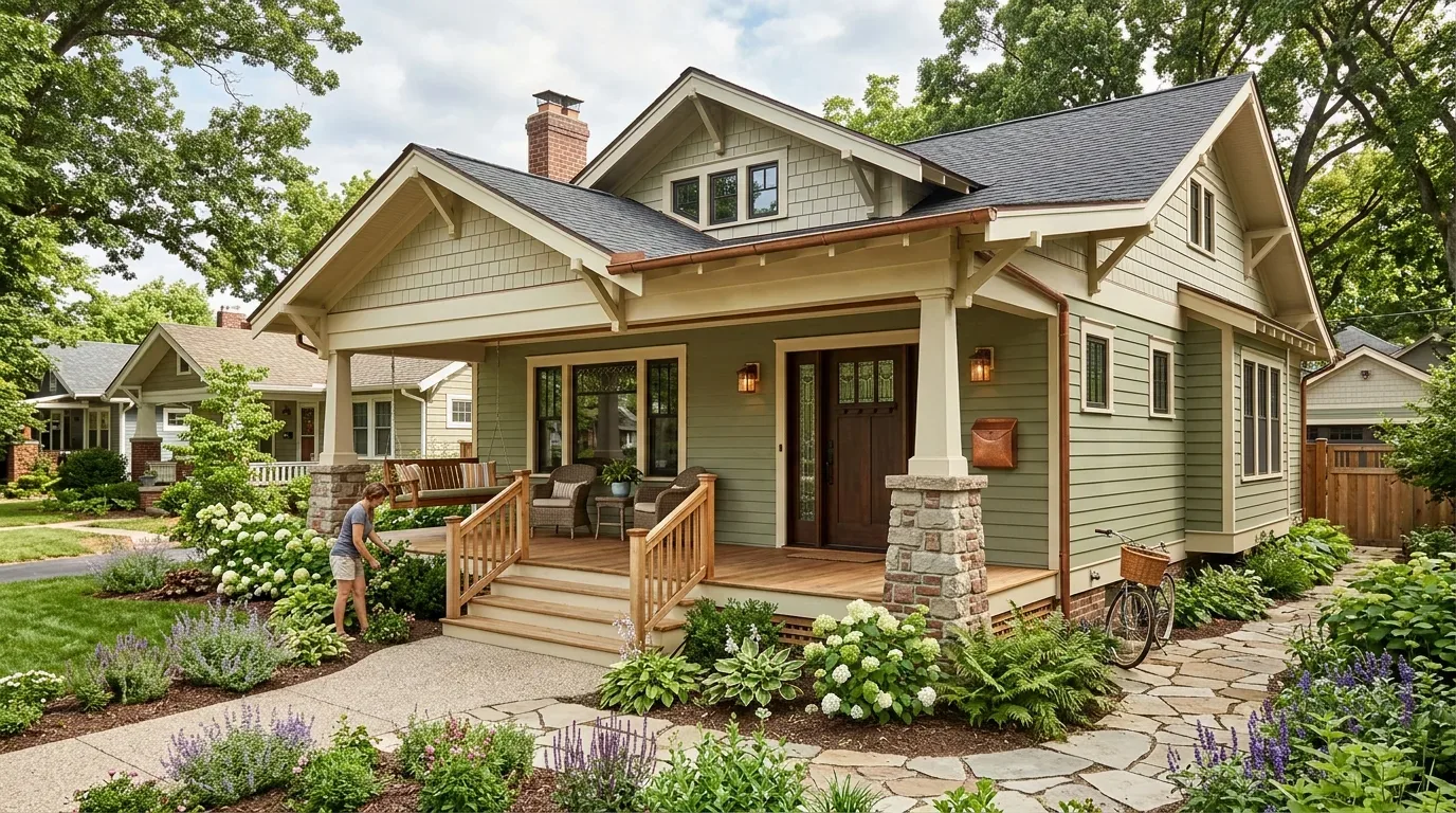 A craftsman-style house exterior with a front porch, stone pillars, wooden railings, and a landscaped garden with a person tending plants
