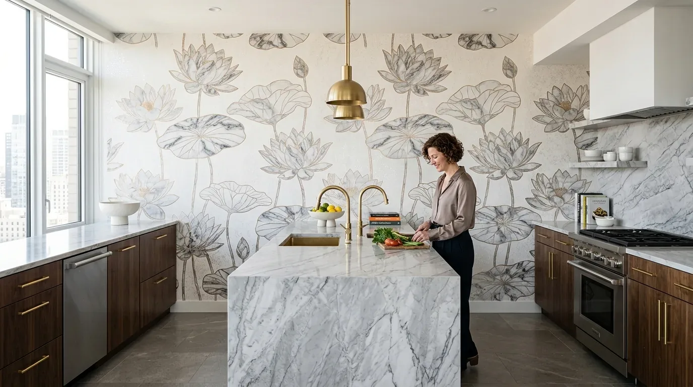 A modern kitchen with marble countertops, brass fixtures, dark wood cabinets, and a floral wallpaper accent wall, featuring a woman preparing vegetables on