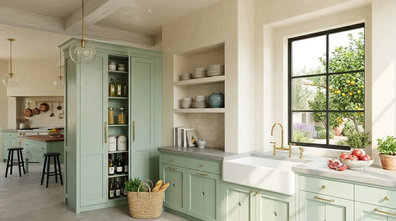 A bright kitchen with pastel green cabinetry, a farmhouse sink, brass fixtures, open shelving, and a large window overlooking a garden with lemon trees